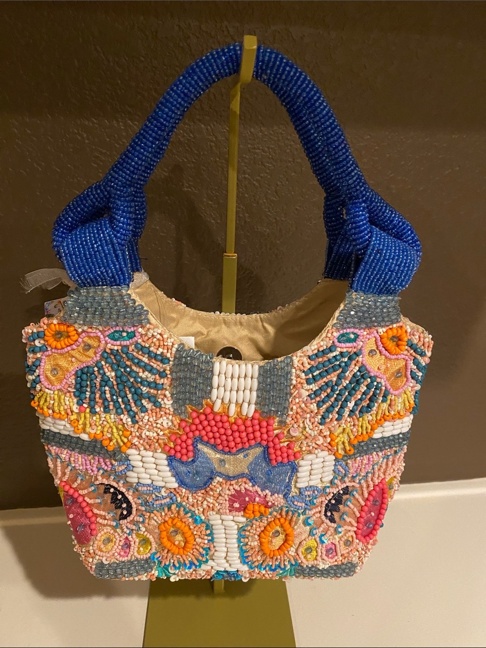 New Colorful Beaded Bag with Blue Handles - Picture 3 of 9